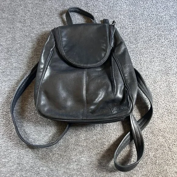 Tignanello Black Leather Backpack Silver Hardware Adjustable Straps minimalist Tignanello Black Leather Backpack Silver Hardware Tag  main image 3